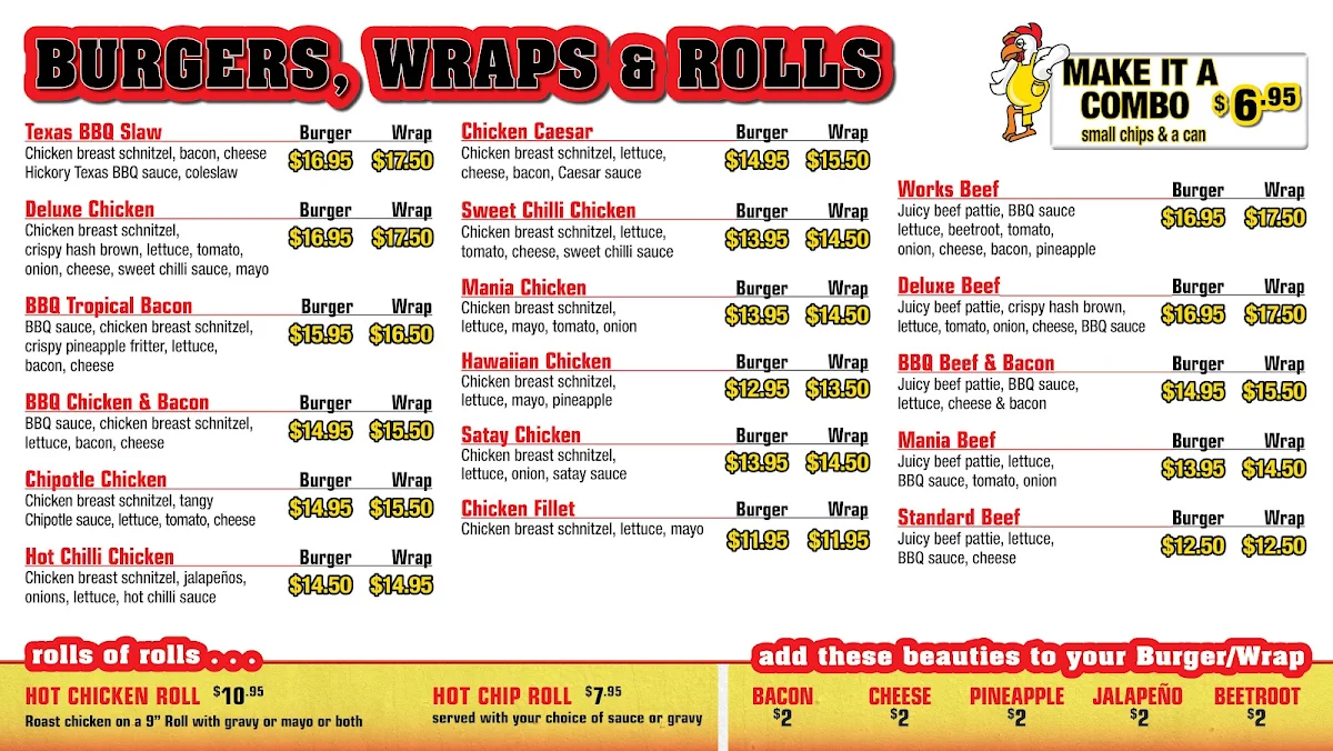 Menu, Chicken Mania Goonellabah