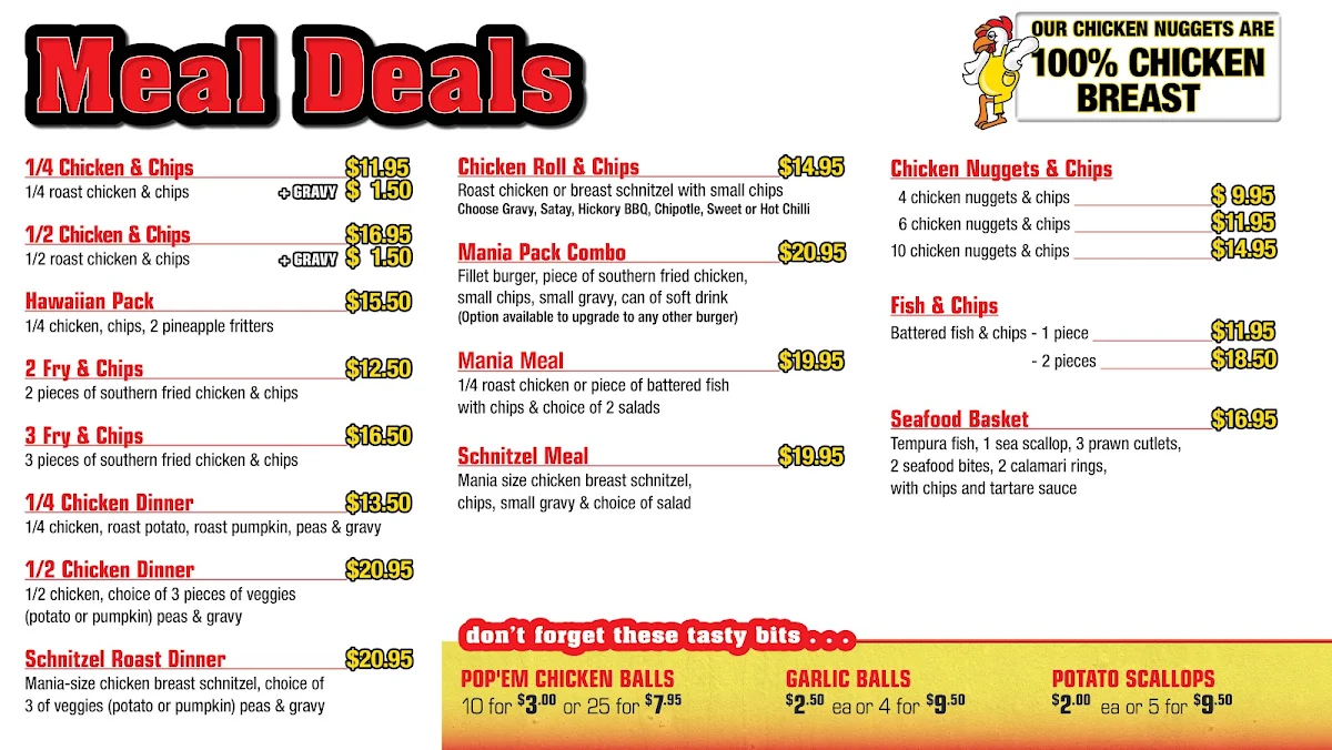 Menu, Chicken Mania Goonellabah