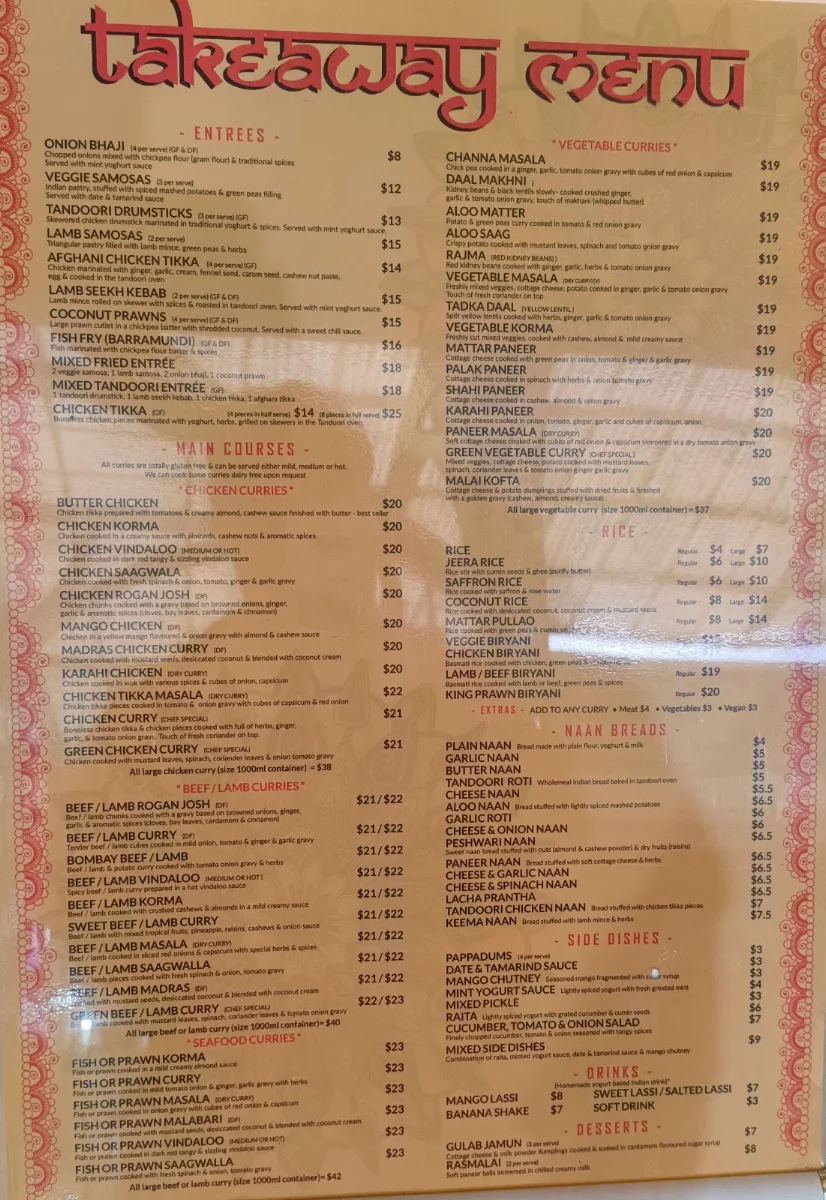 Menu, Indo Indian Cuisine