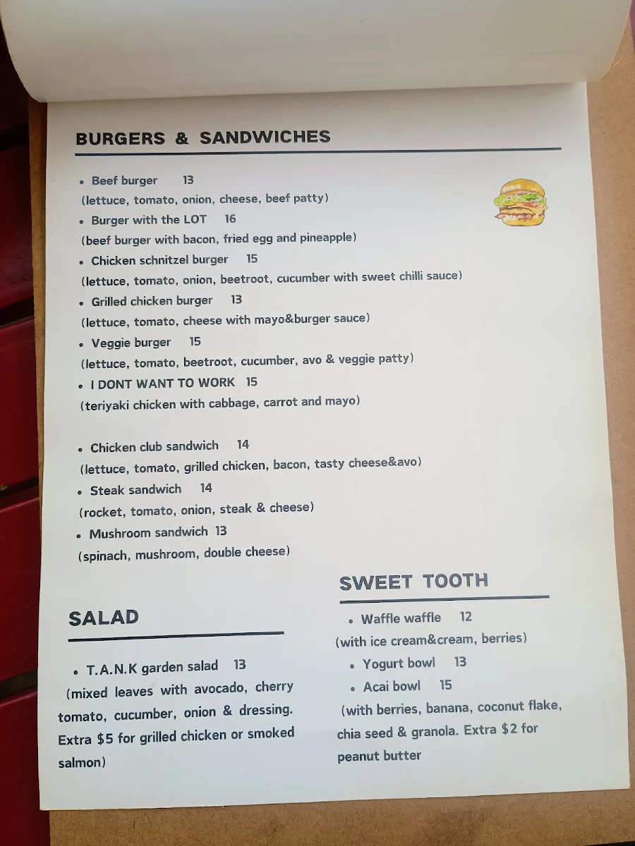 Menu, Cafe T.A.N.K