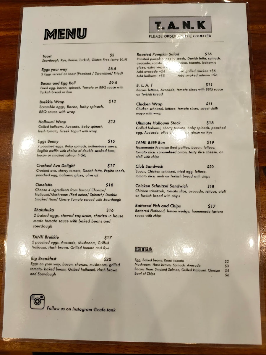 Menu, Cafe T.A.N.K