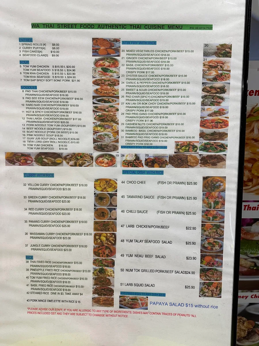 Menu, WA Thai Street Food