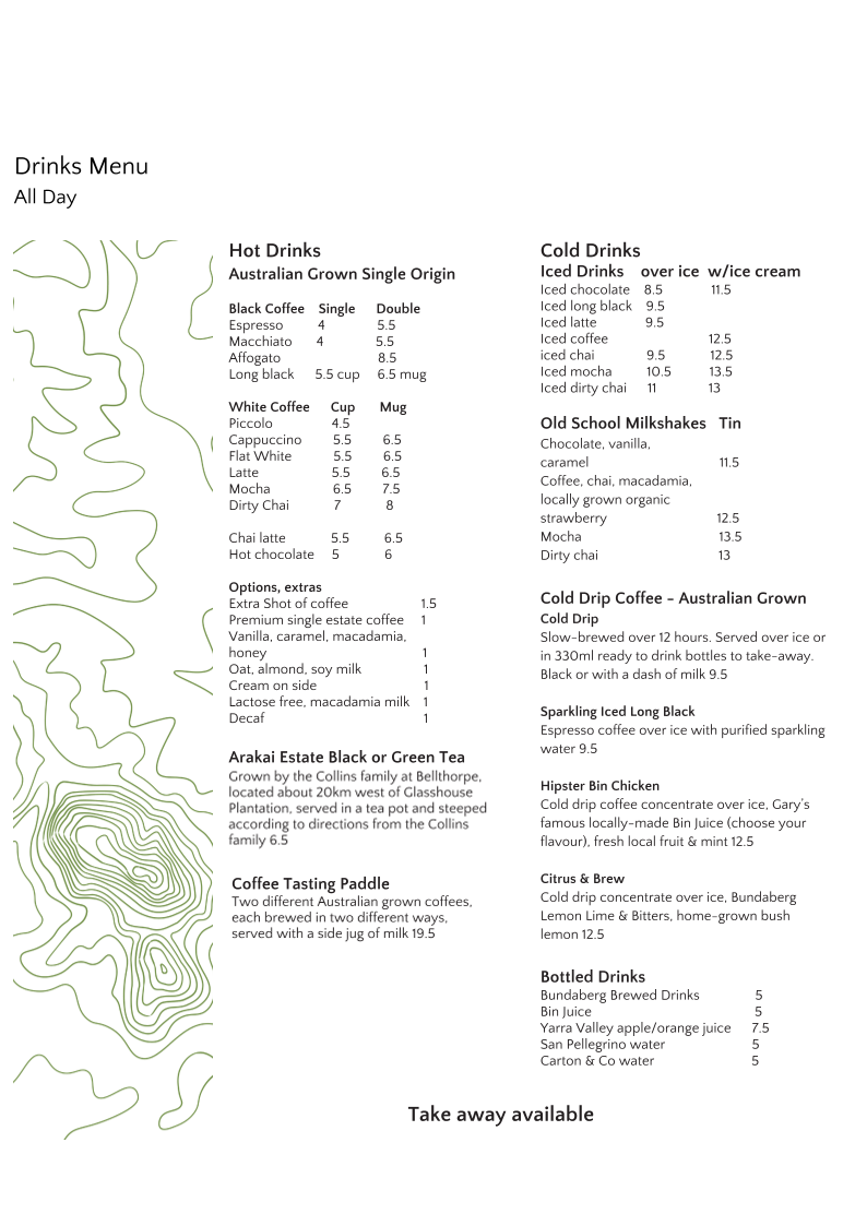 Menu, Glasshouse Plantation (Coffee plantation)