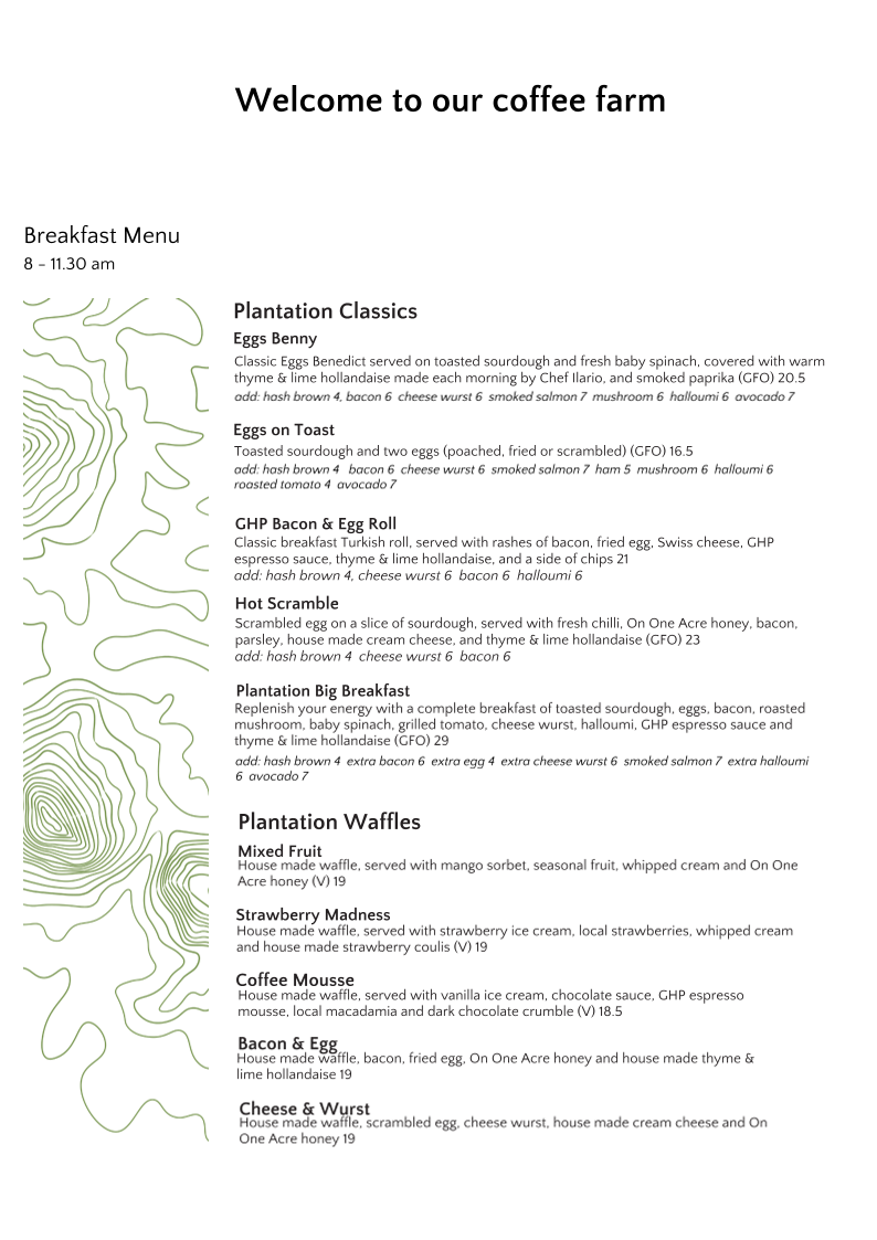 Menu, Glasshouse Plantation (Coffee plantation)