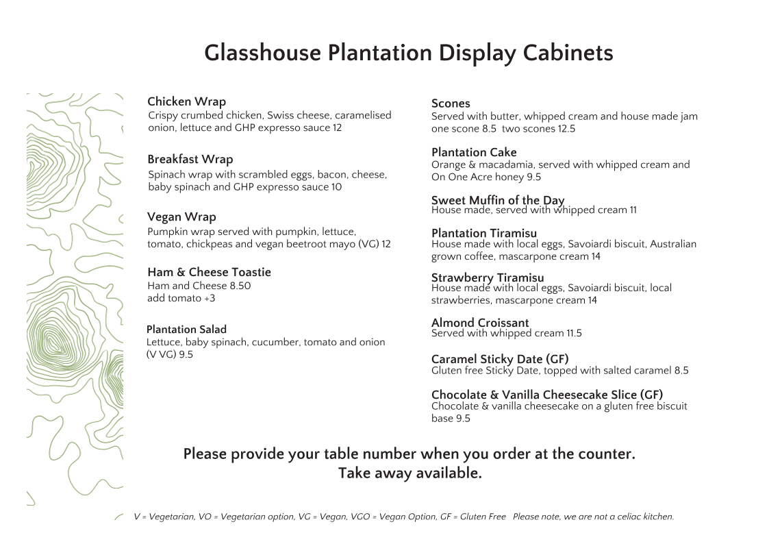 Menu, Glasshouse Plantation (Coffee plantation)