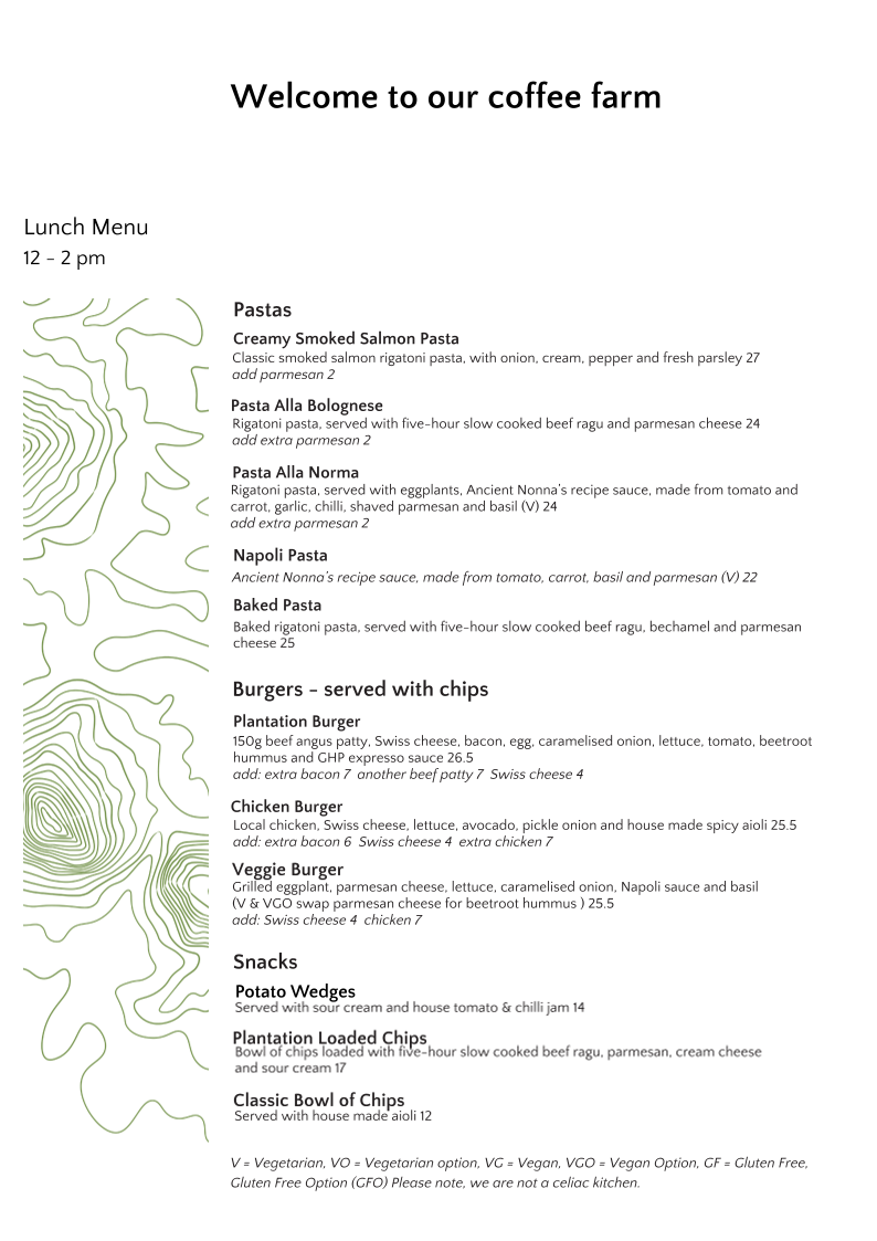 Menu, Glasshouse Plantation (Coffee plantation)