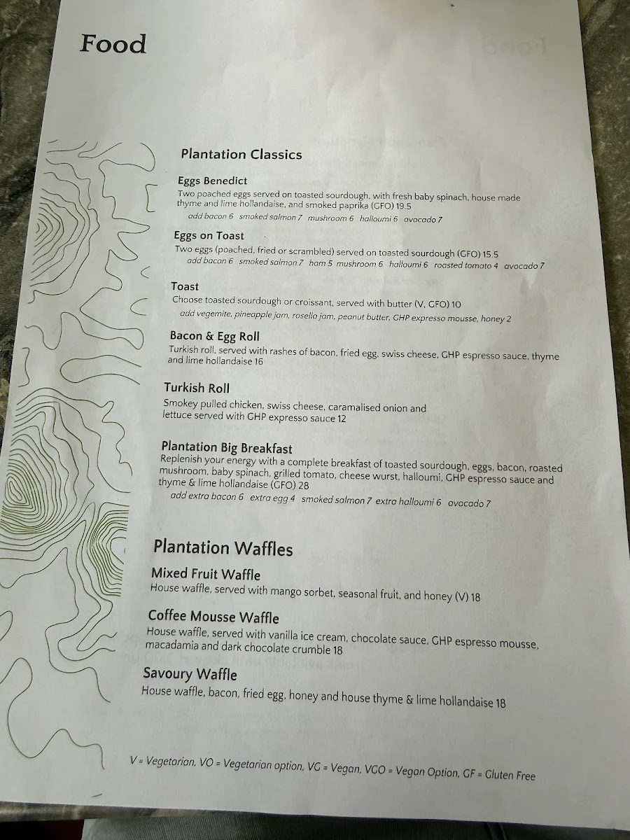Menu, Glasshouse Plantation (Coffee plantation)