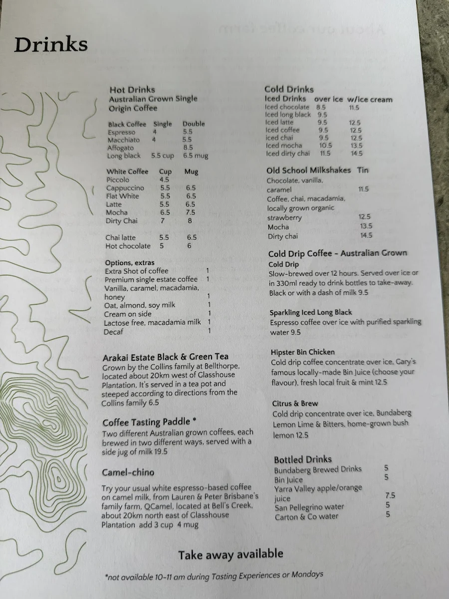 Menu, Glasshouse Plantation (Coffee plantation)