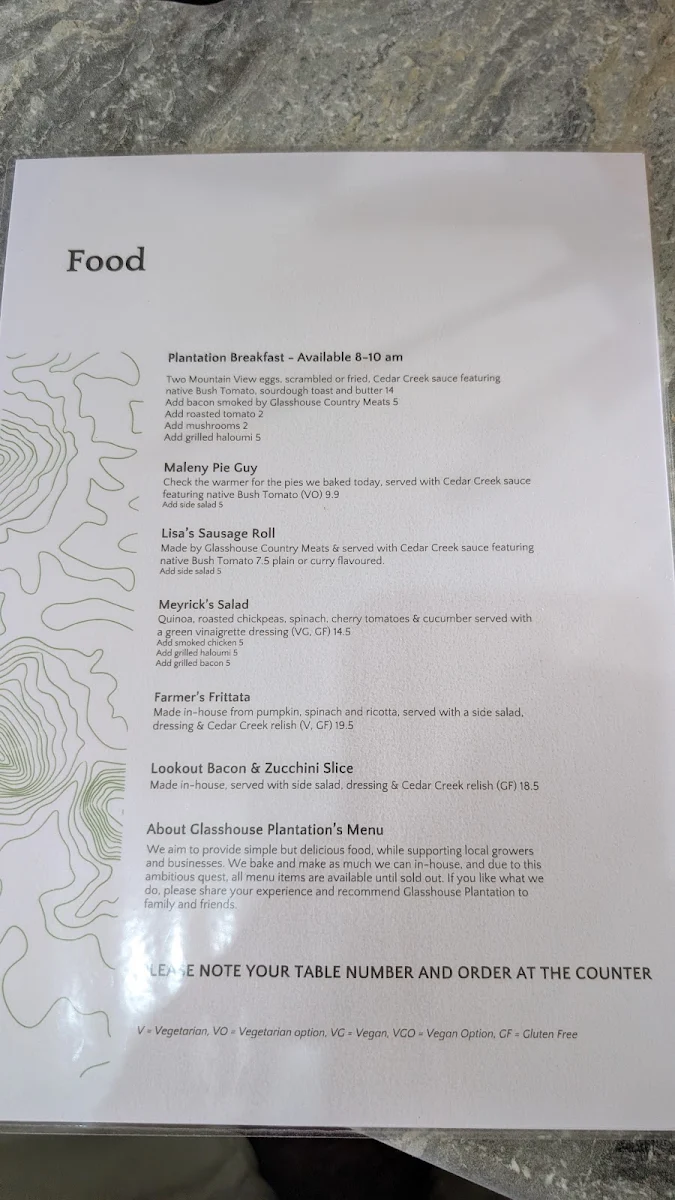 Menu, Glasshouse Plantation (Coffee plantation)
