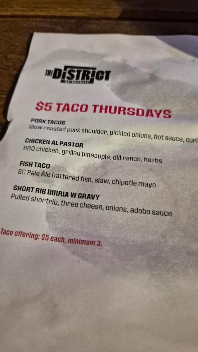 Menu, The District at SkyCity