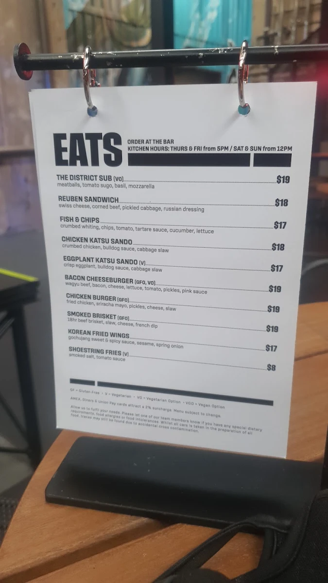 Menu, The District at SkyCity