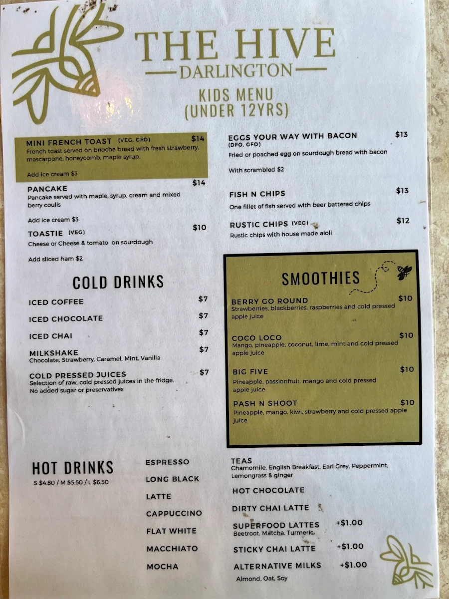 Menu, The Hive Darlington