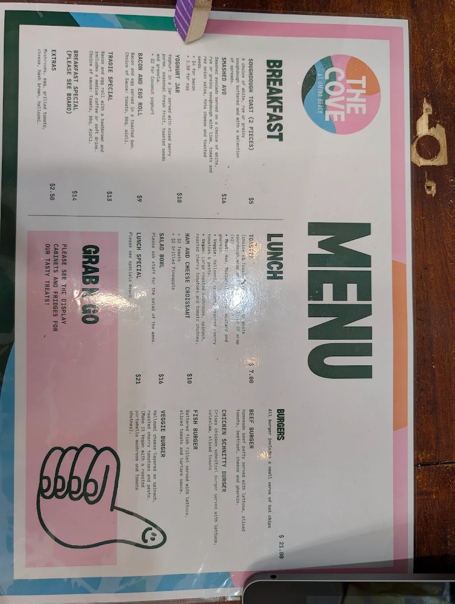 Menu, The Cove at Umina Beach