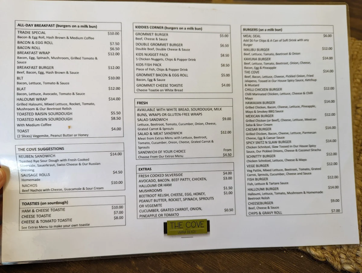 Menu, The Cove at Umina Beach