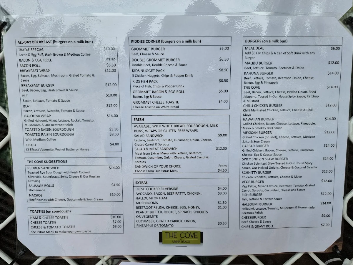 Menu, The Cove at Umina Beach