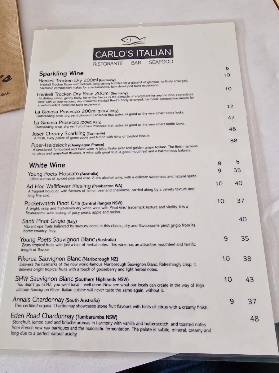 Menu, Carlo's Italian Ristorante Bar & Seafood