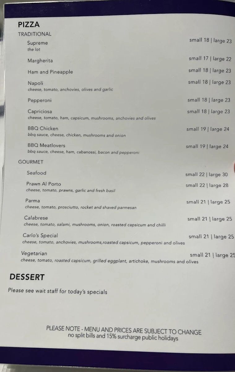 Menu, Carlo's Italian Ristorante Bar & Seafood