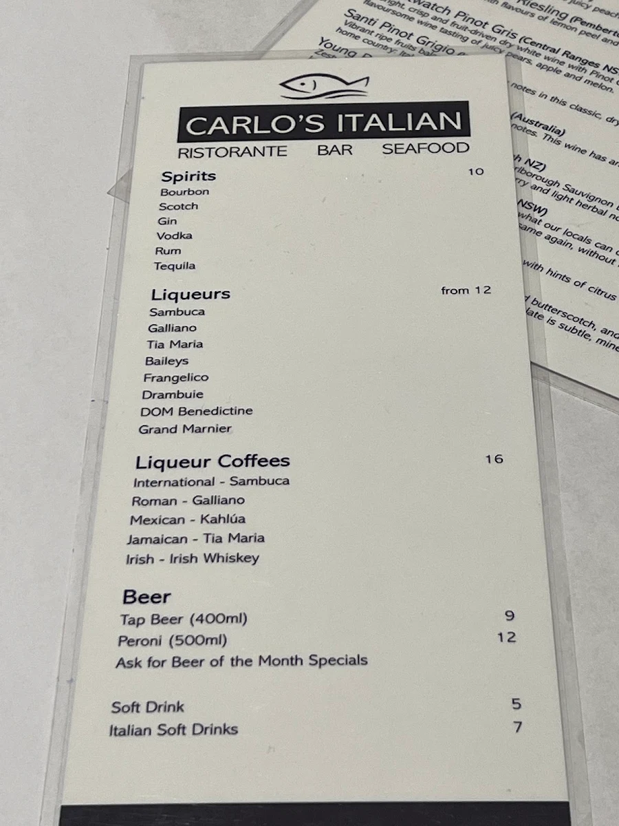 Menu, Carlo's Italian Ristorante Bar & Seafood
