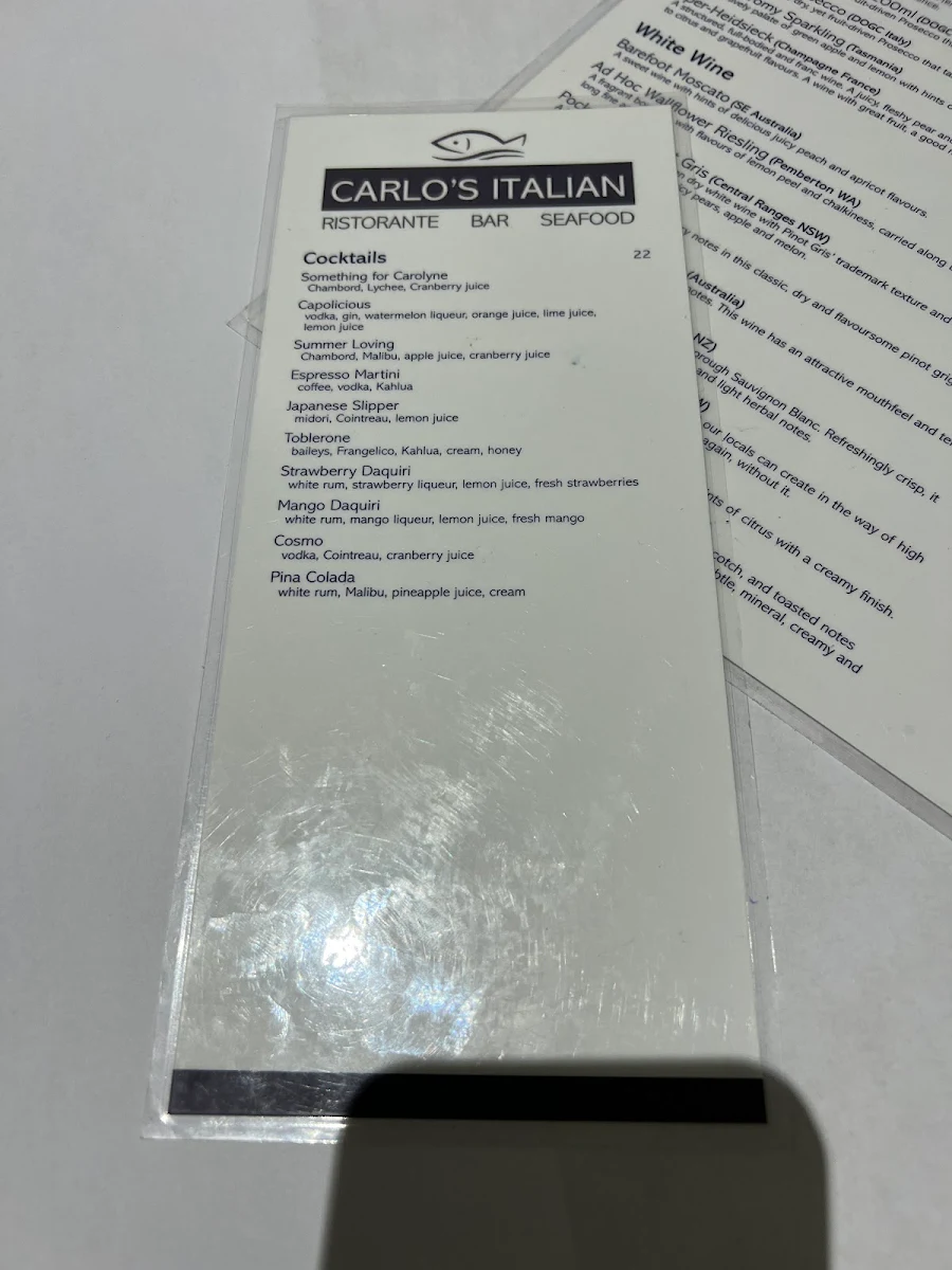 Menu, Carlo's Italian Ristorante Bar & Seafood