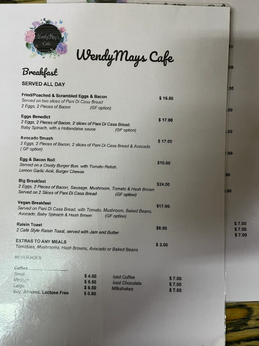 Menu, Wendy May's Cafe