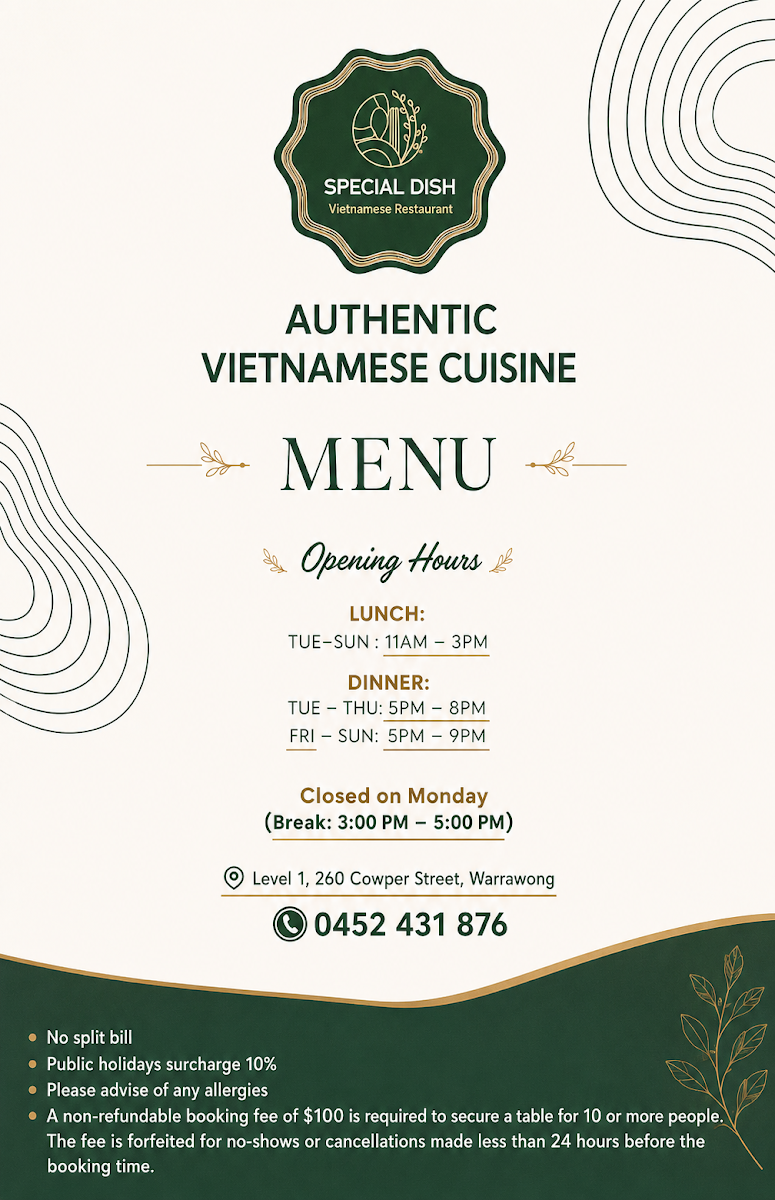 Menu, Special Dish Vietnamese Restaurant