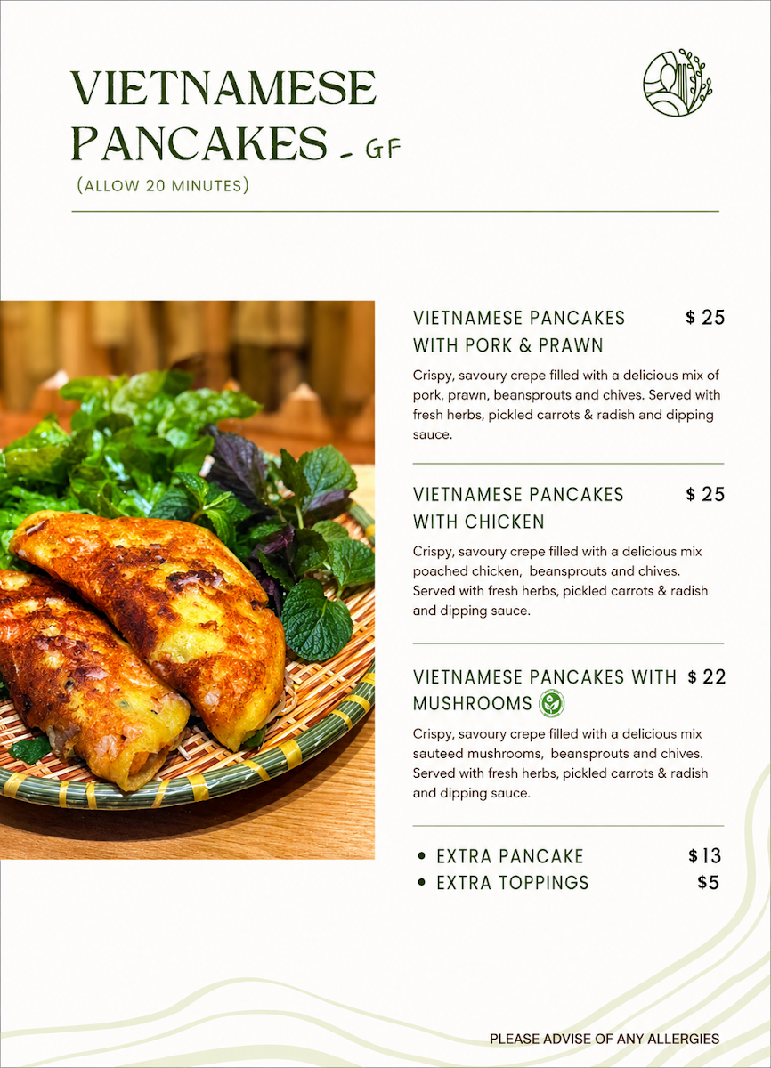 Menu, Special Dish Vietnamese Restaurant