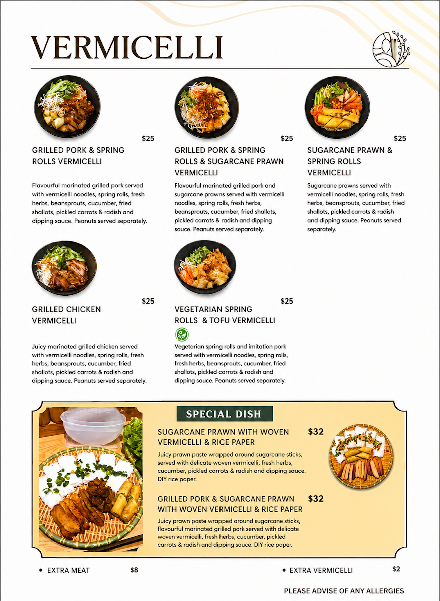 Menu, Special Dish Vietnamese Restaurant