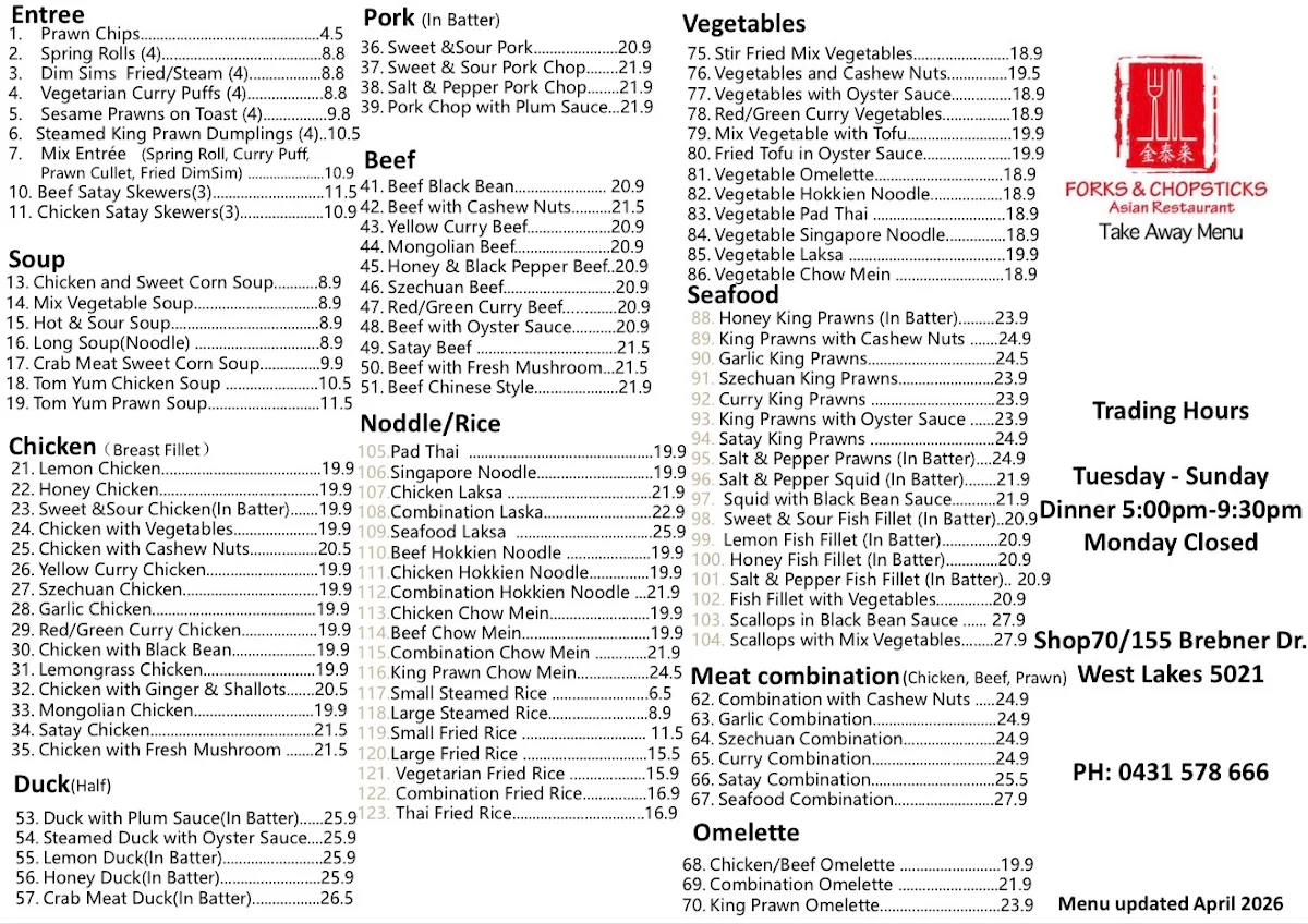 Menu, Forks & Chopsticks Asian Restaurant
