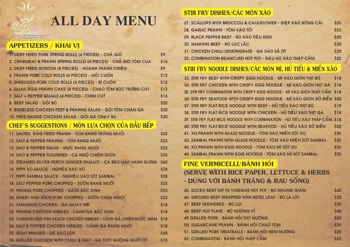 Menu, Viet Yummy Inala