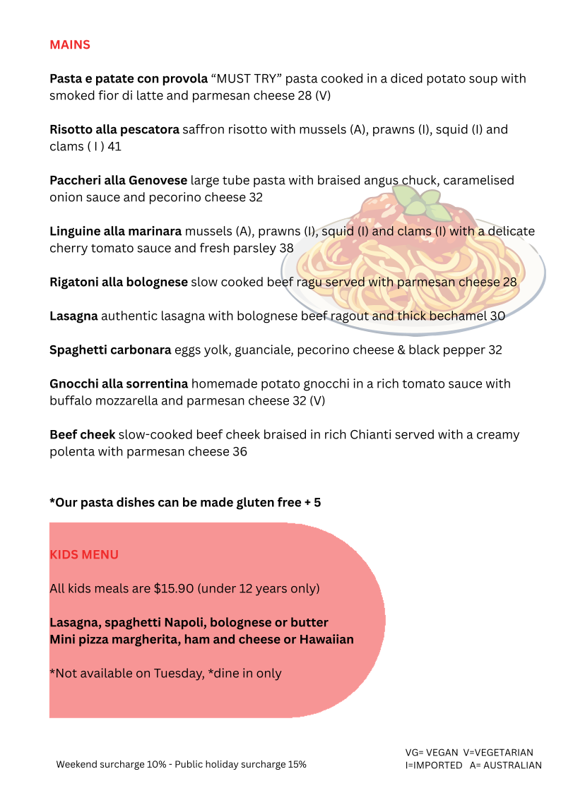 Menu, Zanini Pizzeria & Cucina Italiana - Elwood