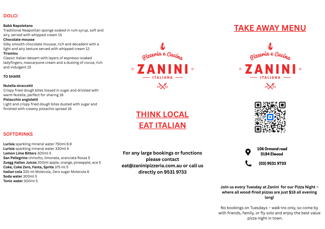 Menu, Zanini Pizzeria & Cucina Italiana - Elwood