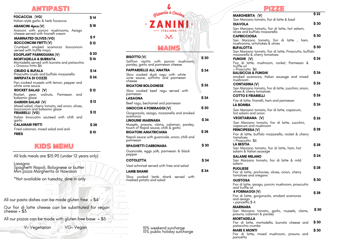 Menu, Zanini Pizzeria & Cucina Italiana - Elwood