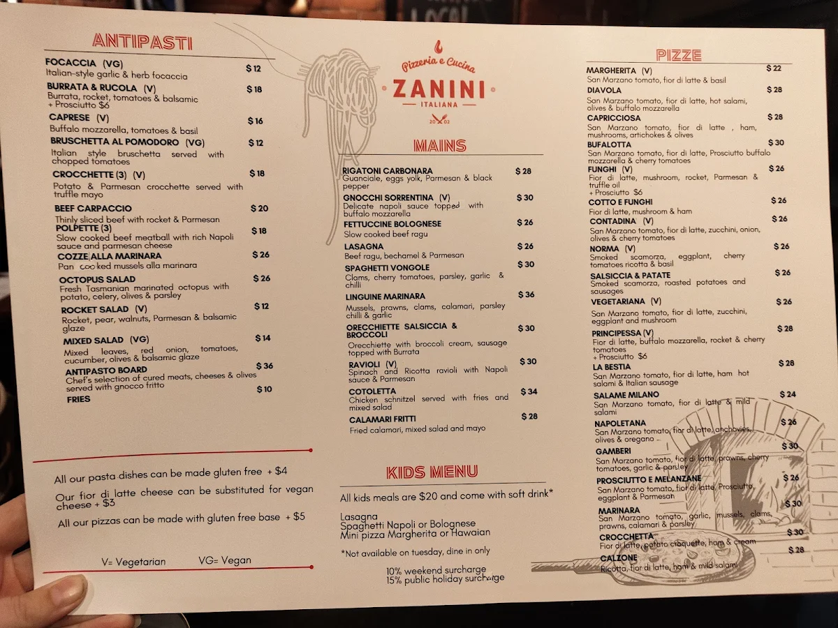 Menu, Zanini Pizzeria & Cucina Italiana - Elwood