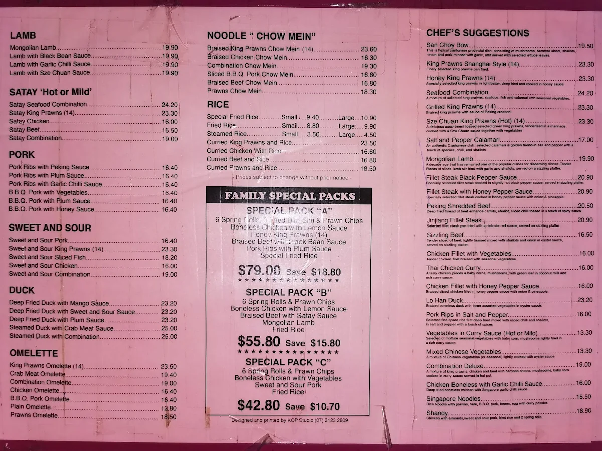 Menu, Sun Lai Chinese Restaurant