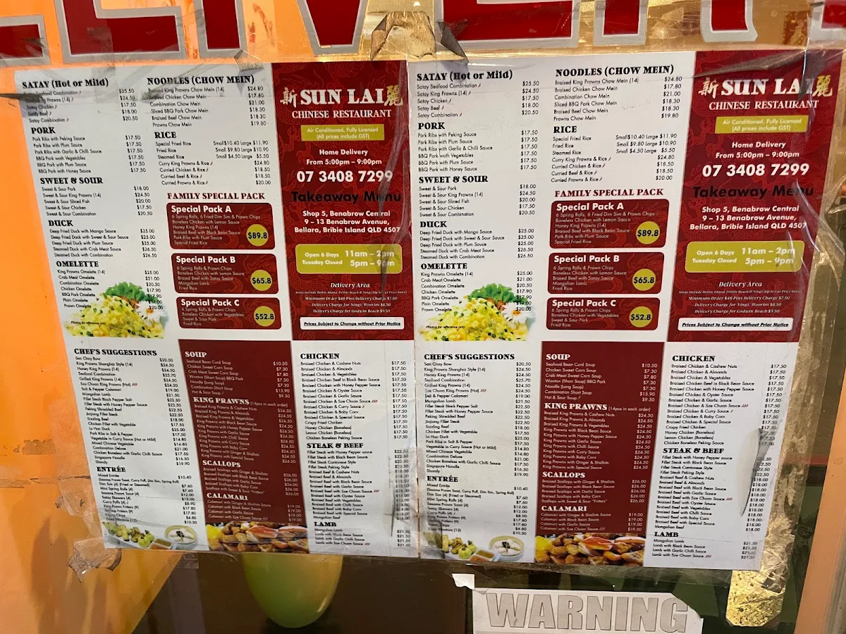 Menu, Sun Lai Chinese Restaurant
