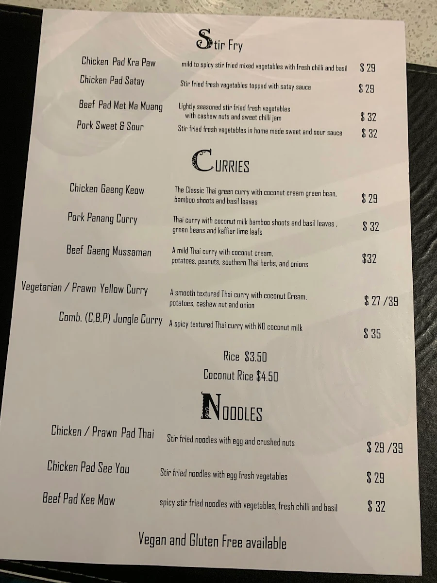 Menu, Toong Thong Thai Restaurant