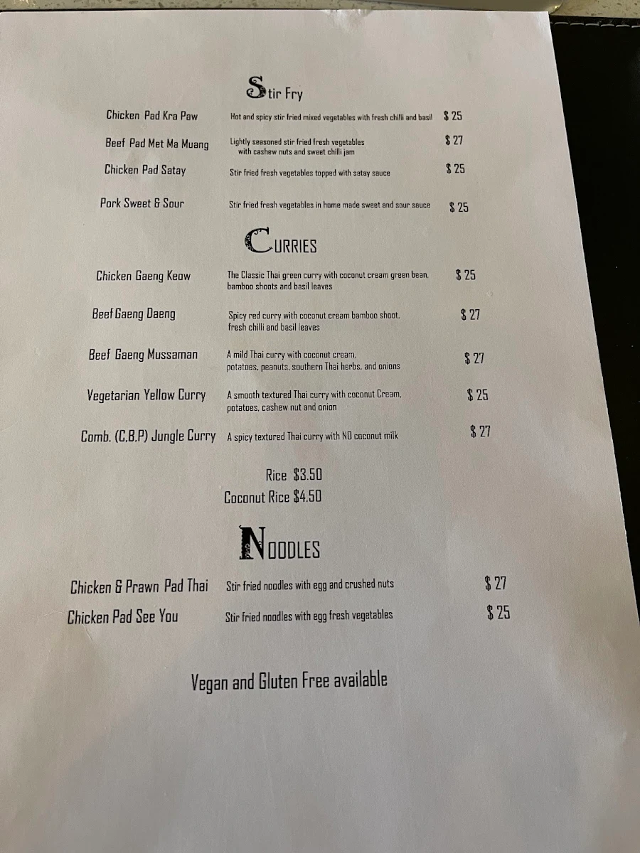 Menu, Toong Thong Thai Restaurant