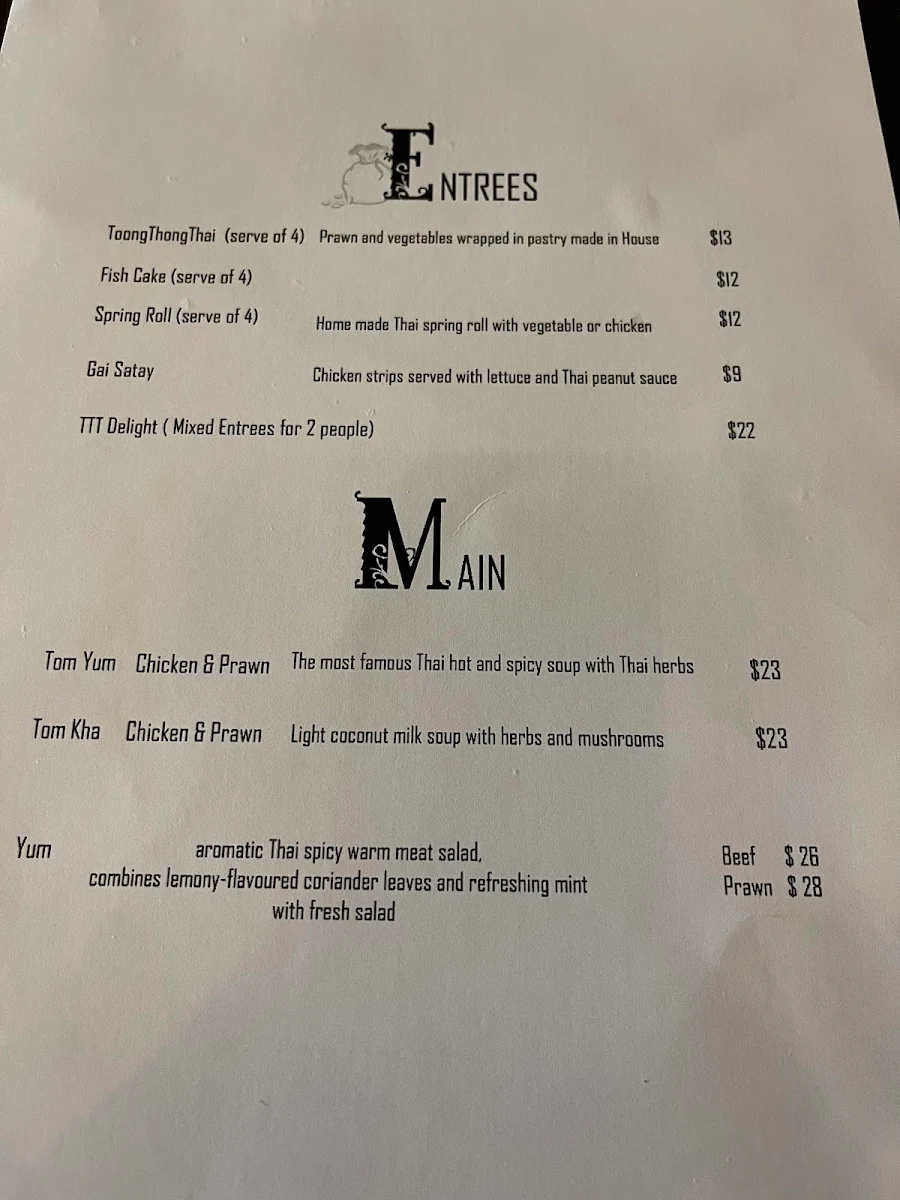 Menu, Toong Thong Thai Restaurant