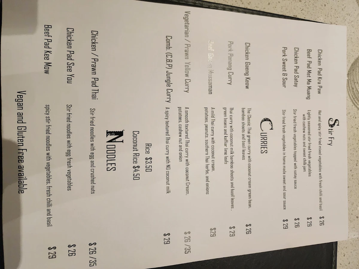 Menu, Toong Thong Thai Restaurant