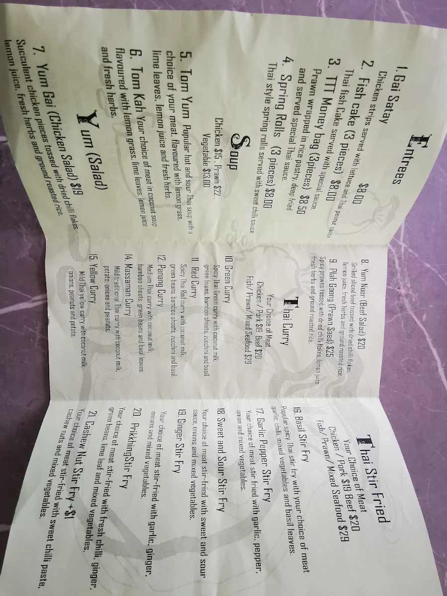 Menu, Toong Thong Thai Restaurant