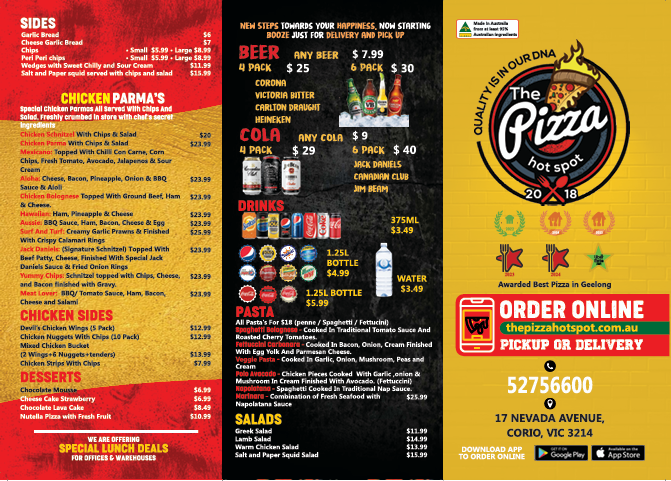 Menu, The Pizza Hot Spot - Pizza near Corio Vic