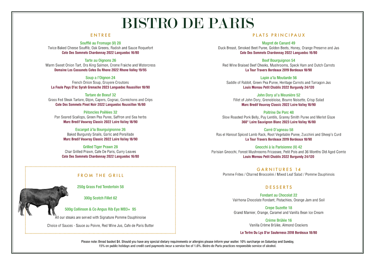 Menu, Bistro de Paris North Melbourne