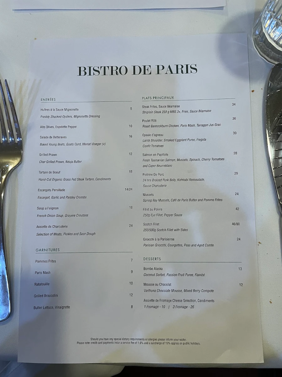 Menu, Bistro de Paris North Melbourne