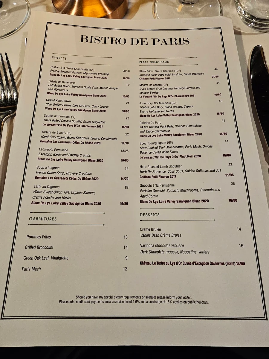Menu, Bistro de Paris North Melbourne