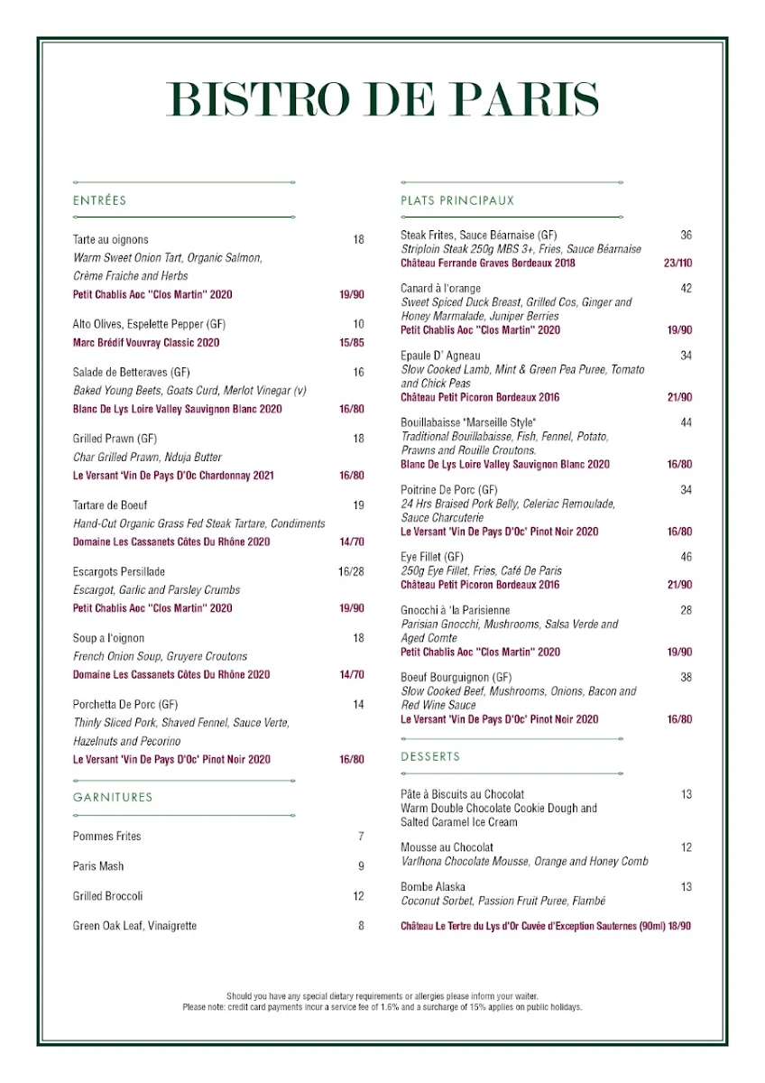 Menu, Bistro de Paris North Melbourne