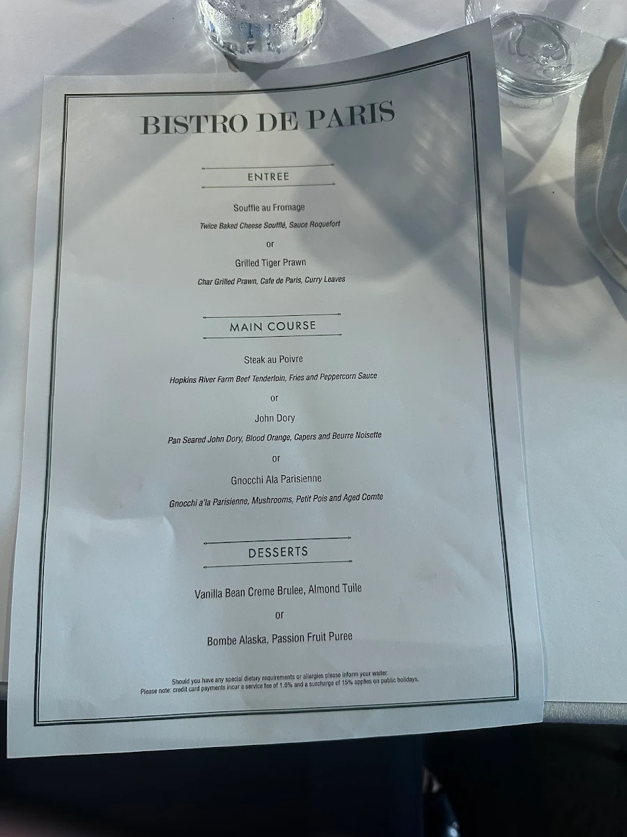 Menu, Bistro de Paris North Melbourne