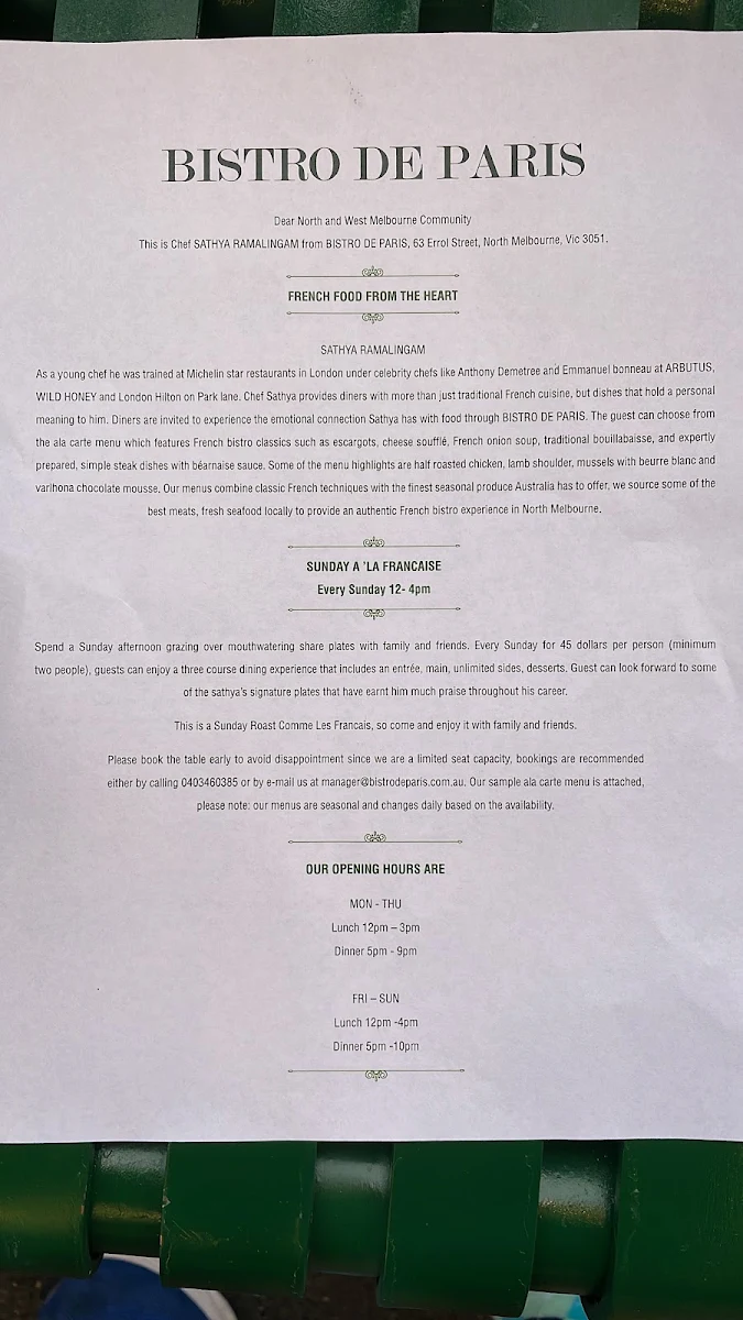 Menu, Bistro de Paris North Melbourne