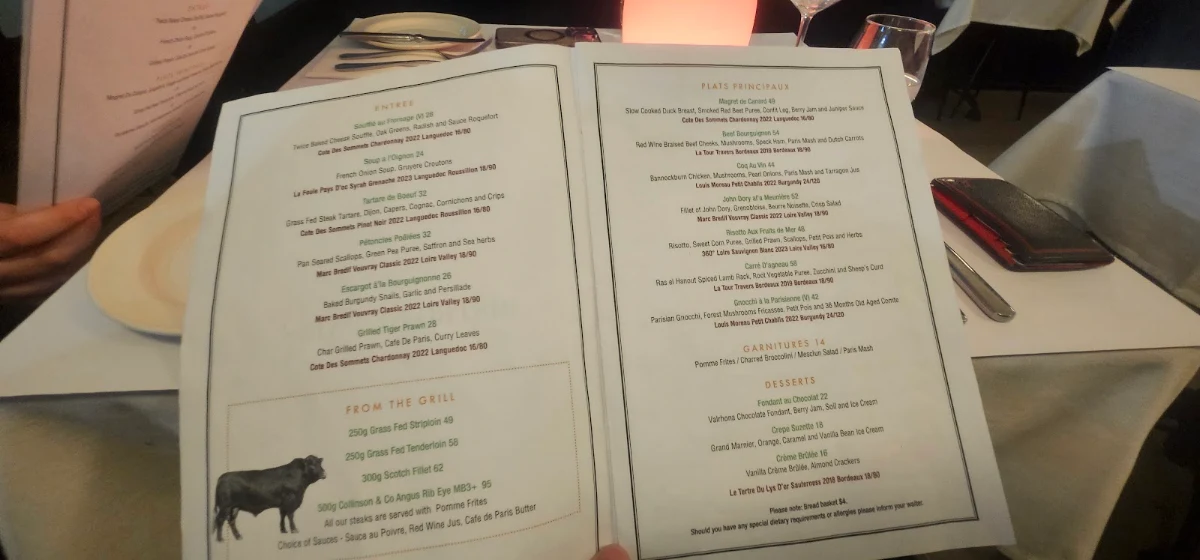 Menu, Bistro de Paris North Melbourne