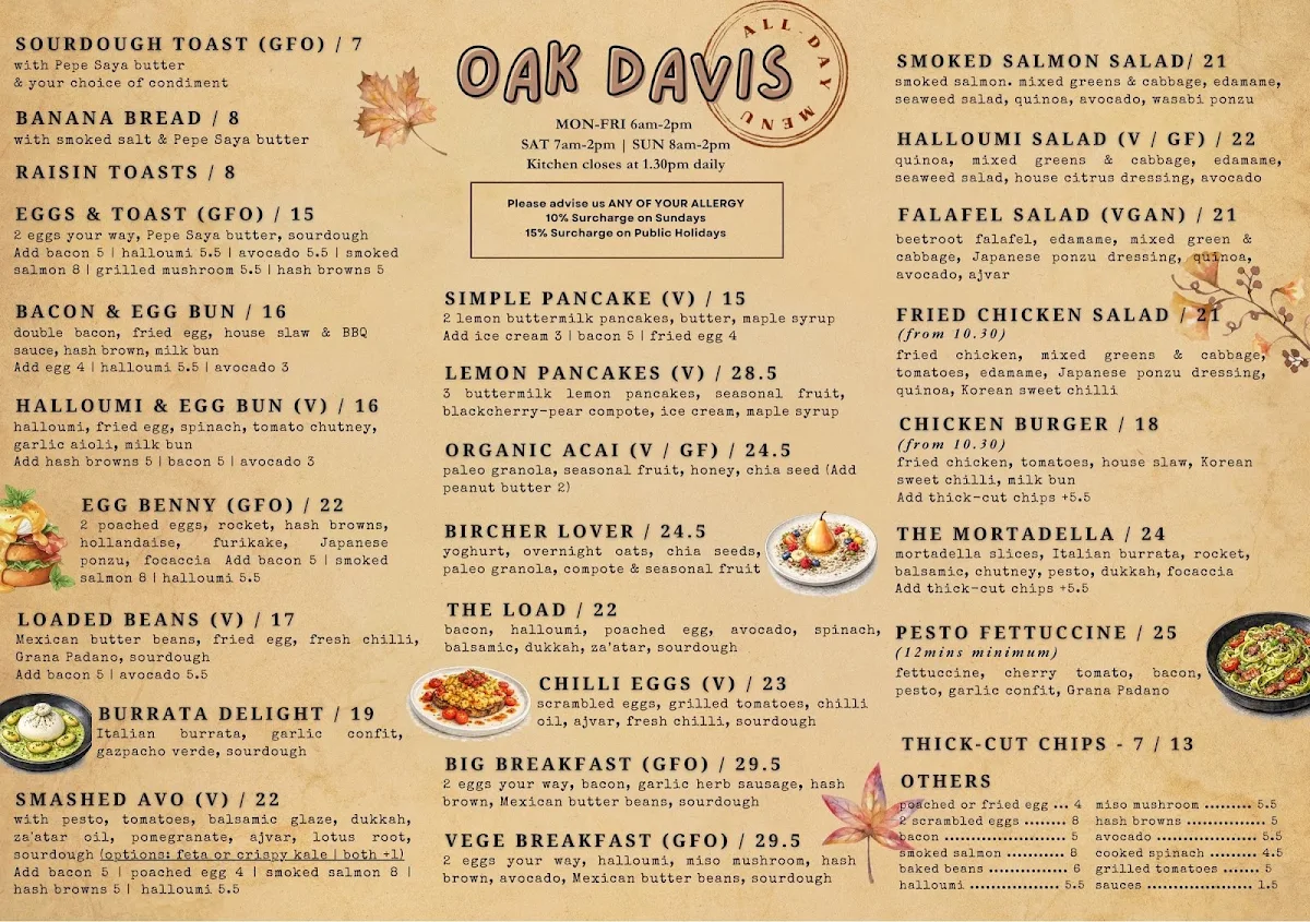 Menu, Oak Davis