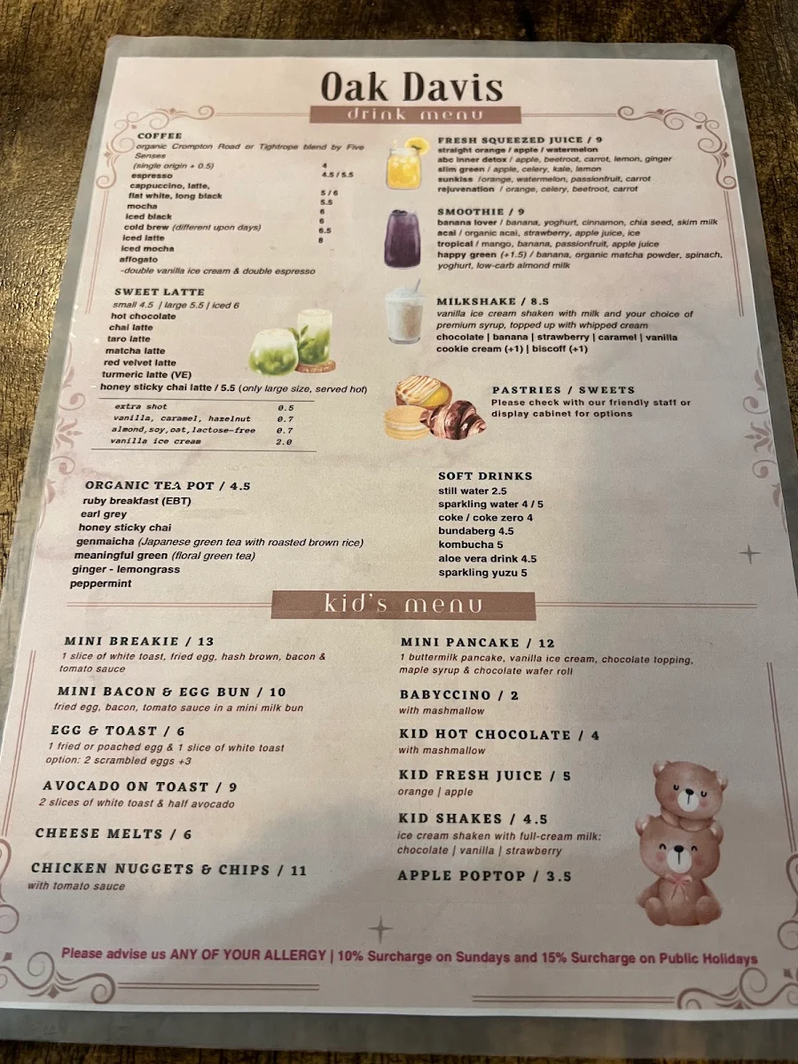 Menu, Oak Davis